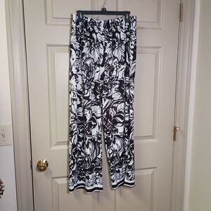 Denim 24/7 Womens Wide Leg Pants Size 18/20 Black White Floral Pull On